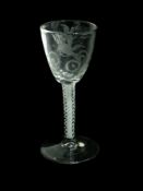Old English wine glass, with round funnel bowl with foliate engraving and birds, the stem with a