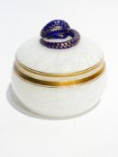 Late 19th century French mottled white enamel glass powder bowl and cover with blue gilt snake