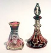 A Bohemian red flash cut glass perfume bottle with stopper (af) and another similar with enamel