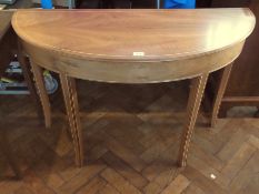 Arts & Crafts style inlaid yew wood demi-lune side table (possibly Cotswold School), all with bead