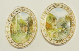 Pair Royal Crown Derby china plaques, each oval, painted with "Lovers Leap, Buxton" and "Lion