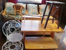 Small pine refectory table, small coffee table, two white painted metal garden chairs, tapestry