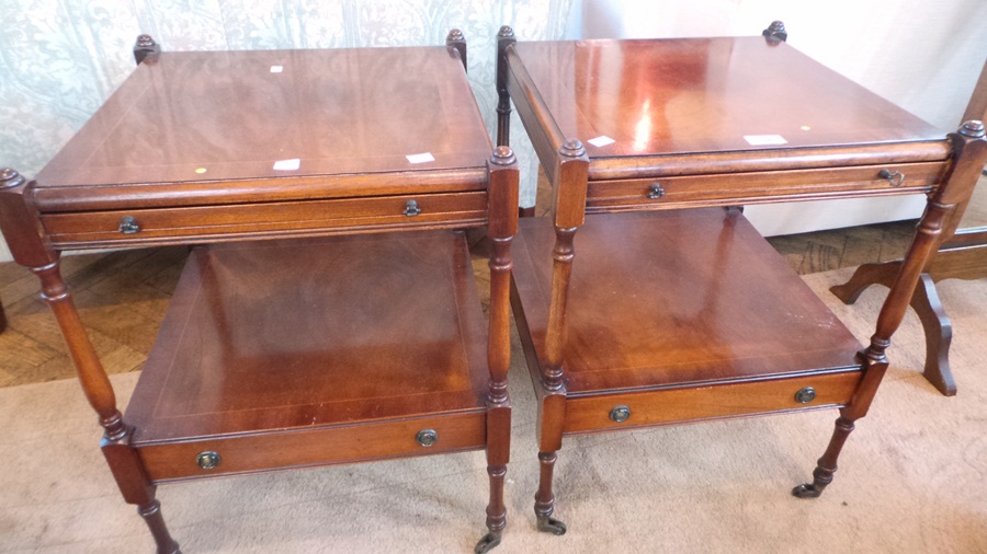Pair reproduction mahogany lamp tables, each with pull-out slide, single drawer below, on turned