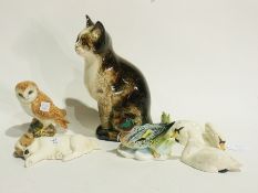 Winstanley pottery model cat, seated, 24cm high, two Beswick pottery swans, Midwinters pottery