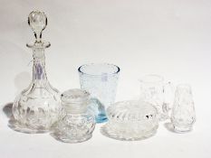 Quantity glass to include:- a tall neck cut glass decanter with stopper, powder bowl, small cut