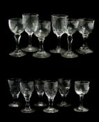 Various old English wine glasses with bucket and ovoid-shaped bowls, cut faceted decoration,