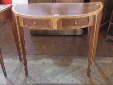 Pair Arts & Crafts style burrwood and satinwood shaped demi-lune side tables (possibly Cotswold