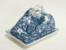 Booths blue and white pottery British Scenery pattern large covered cheese dish, willow bowl and