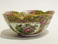 Chinese canton porcelain bowl, five-lobed, typical decoration in famille rose colours, 25cm diameter