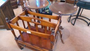 Reproduction mahogany Canterbury magazine rack with single drawer and pair polished wood wine tables