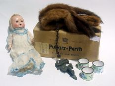 Various items to include:- composition head doll, pair of ivory opera glasses, pair of old