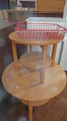 Light oak coffee table, circular with undershelf and another matching smaller