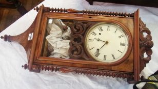 Nineteenth century burr walnut cased wall clock with enamel dial, visible pendulum, plate mirror