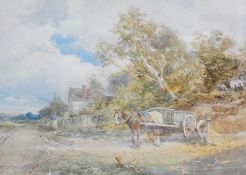 Watercolour drawing 
David Bates 
Rural scene showing horse and cart with farm worker and women