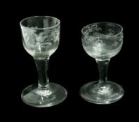 Old English wine glass with ogee engraved bowl, raised on a circular folded foot and another