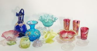 Quantity of decorative glass to include:- a blue glass vase with gilt decoration, deep blue glass