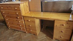 Pine six-drawer chest of drawers with bun handles and matching kneehole dressing table