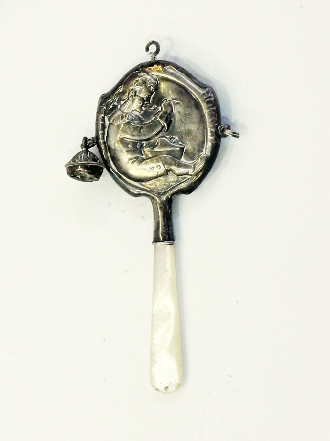 George V silver baby's rattle with mothe