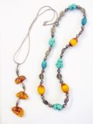 Silver and amber bead necklace and penda