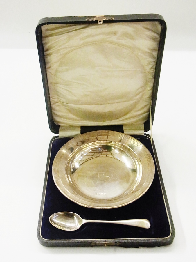 Silver christening bowl and spoon, the b