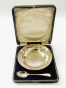 Silver christening bowl and spoon, the b