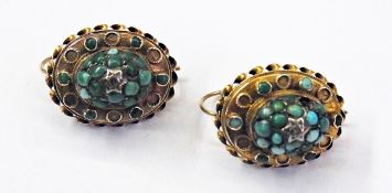 Pair 15ct gold turquoise and small diamo