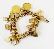 A 9ct gold curb link charm bracelet together with fourteen various charms, a Queen Victoria Young