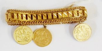 A bright cut yellow metal linked bracelet with three replica Queen Victoria sovereigns attached