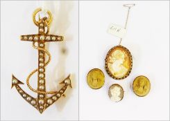 A yellow metal and seed pearl anchor brooch, a 9ct gold cameo brooch, another cameo brooch and two