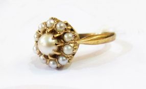 A cultured pearl and seed pearl cluster dress ring with 9ct gold shank