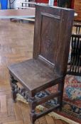 17th century style antique oak panelled back side chair, panelled seat on turned supports and