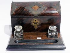 Faux rosewood writing box with glass inkwells, raised letter compartment, with curved top, all brass