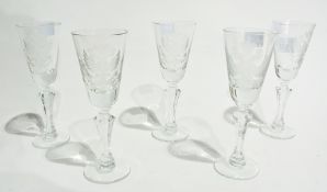 Set of five clear glass wines, with engraved Russian coat of arms, 15cm high