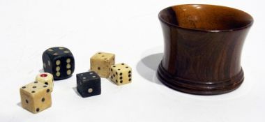 Small quantity bone and ebonised dice, one marked "Neild", "GR stamped", in circular turned hardwood