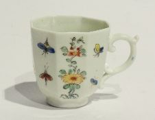 18th century Worcester octagonal coffee cup with scroll handle and thumbrest, painted with insects