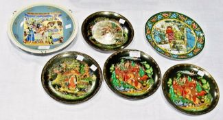 Set of four Russian ceramic fairy tale plates, Limoges plate with medieval scene and a Wedgwood