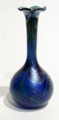 An Okra blue glass vase, trumpet-shaped on bulbous body, swirl pattern, marked Okra 92.13 No.34 to