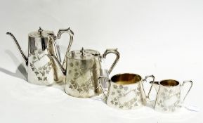 Victorian EPNS tea/coffee service of four pieces, engraved with flowers and butterflies