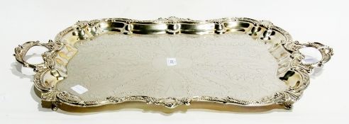 Large EPNS two-handled tray, foliate border and handles engraved with leaves, 64cm wide