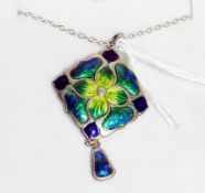 Silver and enamel Art Nouveau pendant, four petal flowerhead to the centre, with Art Nouveau borders