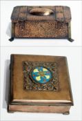 Arts and Crafts copper trinket box, with enamel inlay to lid, and another Arts and Crafts hammered
