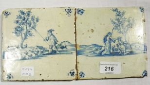Pair antique delft tiles, each painted with rustic scene and figures in underglaze blue, 13cm