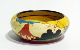 A Clarice Cliff Fantasque "Summerhouse" pattern bowl, circular, 20cm in diameter