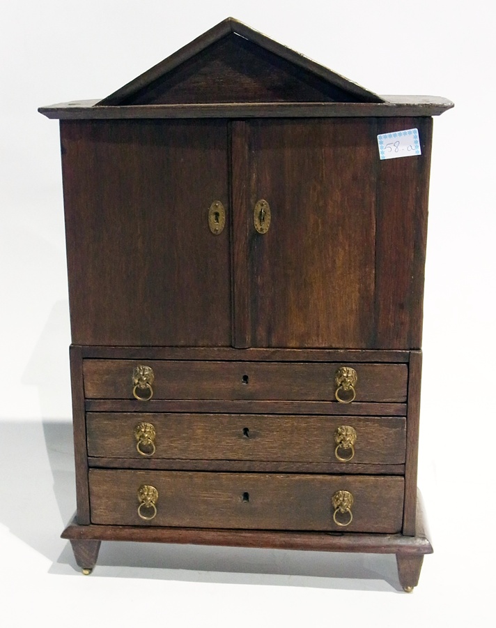 Georgian style oak miniature linen press/cabinet, comprising cupboard and three drawers, overall