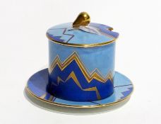 Carltonware pottery jam pot with cover with stand, blue and gilt zig-zag pattern with gilt pear-