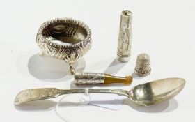 A Victorian silver fiddle pattern desert spoon with bright cut engraving and open silver salt,