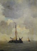 Oil on canvas
Hobbe Smith (1862-1942) 
Maritime scene, barge on calm water, signed, gilt frame, 49cm