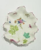 18th century Bow polychrome porcelain leaf dish with serrated edge, raised vein decoration and