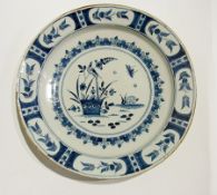 Mid 18th century English delft charger, painted in underglaze blue with rabbit, insect, bird and