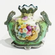 Noritake porcelain two-handled vase, shouldered ovoid, painted chrysanthemum decoration in shaped